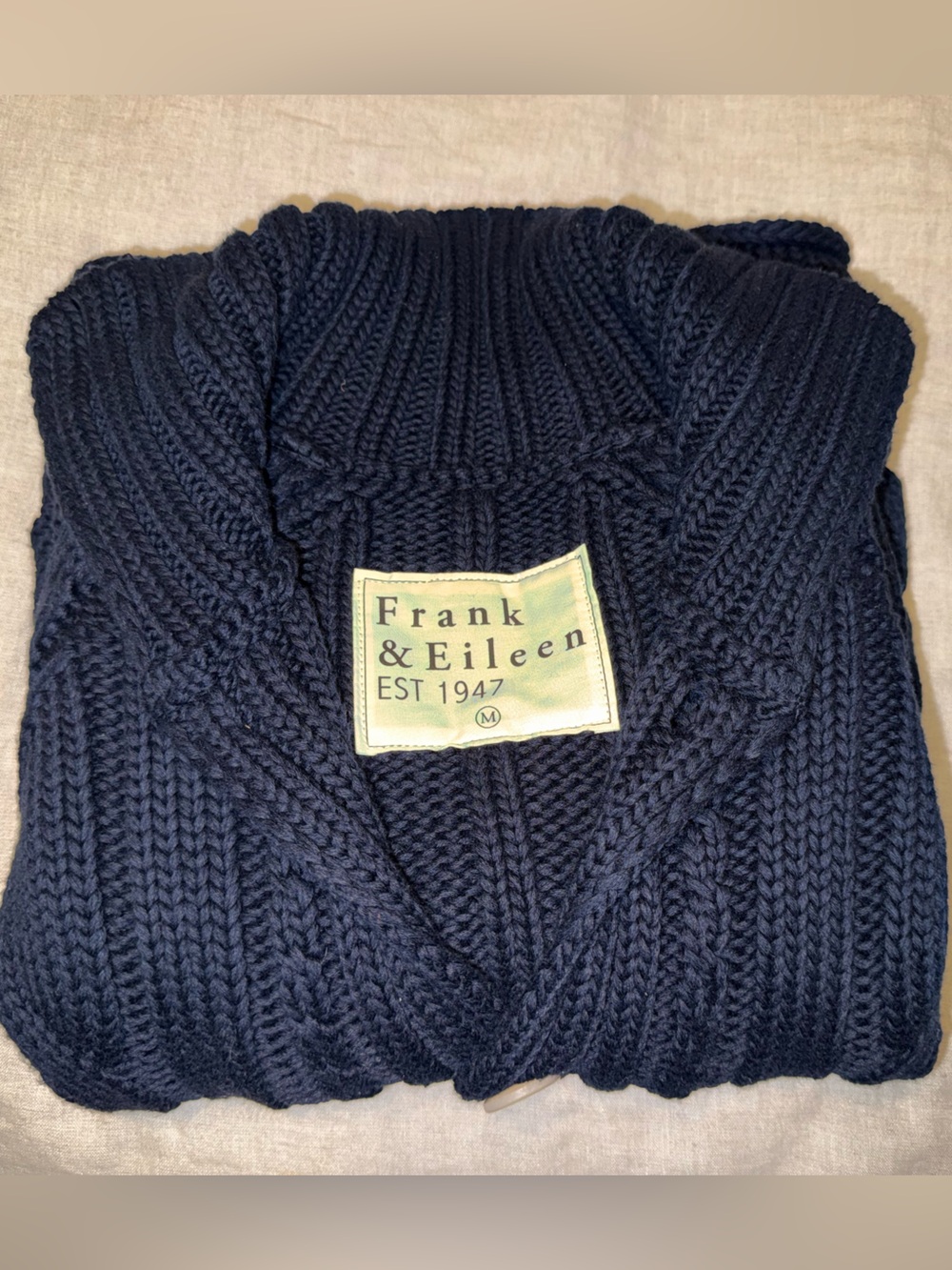 $598 Frank & Eileen Cable Knit Cotswold horn Button Cardigan in navy Blue - Picture 8 of 13